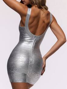 Women's Bandage Mini Dress Square Neck Sleeveless Bodycon Party Dress - 銀色 - 查看 7