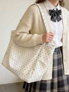 Grand sac à main femme à pois, sac à épaule réutilisable léger et à la mode, sac fourre-tout en canevas minimaliste pour l'esthétique, les déplacements quotidiens, l'école, les voyages, les courses, la plage, les sorties décontracté. Convient pour la fête des mères, les anniversaires, Noël, les vacances. - Multicolore - Voir 10