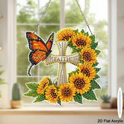 لوحة الماس 2D مسطحة، طقم لوحة الماس 5D DIY، فسيفساء أكريليك يدوية معلقة، قلادة زهرة عباد الشمس والفراشة، مناسبة لديكور جدار/باب المنزل والحديقة، هدية رائعة للأصدقاء والعائلة، ديكور العطلات وفكرة هدية إبداعية