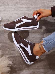 Women's Versatile Casual Sneakers, Round Toe Low-Top, Comfortable Flat, Colorblock, Retro Style, Suitable For All Seasons, Available In Red, Green, Yellow, Size 35-43 Plus Size - Brown - View 4
