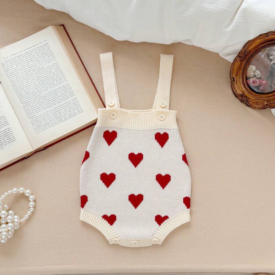 秋冬季婴儿爱心提花针织连体衣，可爱女婴时尚连体衣 - 杏色 - 查看 1