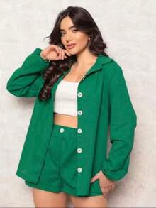 Combination Set Consisting Of A Long-Sleeved Top And Shorts. - Army Green - View 1