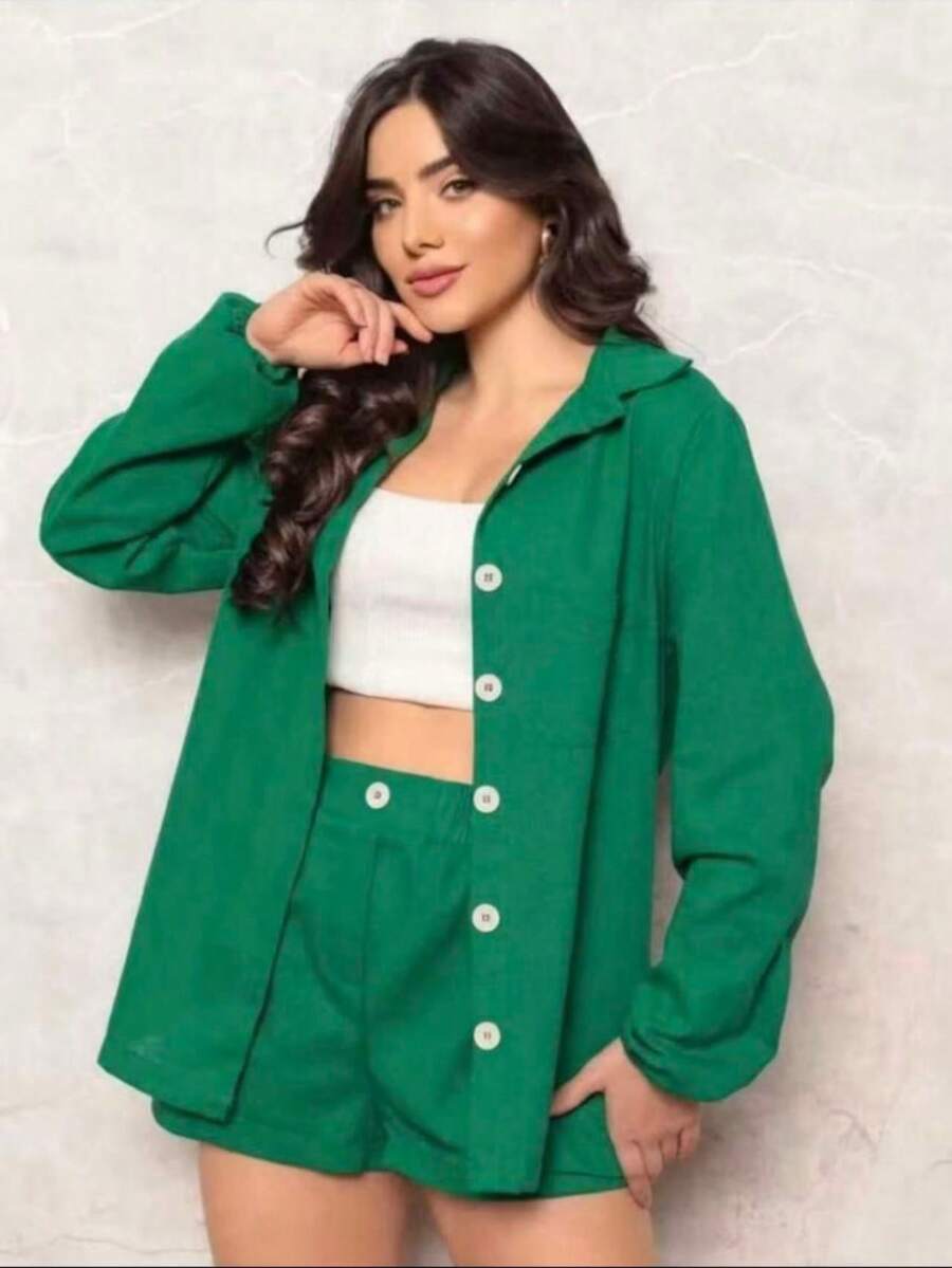 Combination Set Consisting Of A Long-Sleeved Top And Shorts. - Army Green - View 1