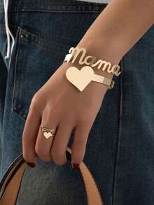 Rose Gold Mother's Love Bracelet & Ring Set, Mother's Day Birthday Jewelry Gift For Mom - Letter - View 1