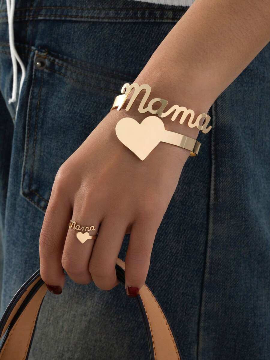 Rose Gold Mother's Love Bracelet & Ring Set, Mother's Day Birthday Jewelry Gift For Mom - Letter - View 1