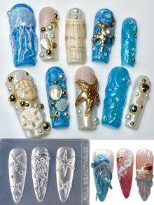 1pc Marine Animal Silicone Nail Carving Mold, Includes Jellyfish, Starfish, Bubble Patterns, DIY Nail Template Manicure Tool - Clear - View 3