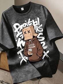 Camiseta gris lavada con estampado de caricatura, retrato enmarcado y graffiti, corte holgado casual, adecuada para la escuela, estilo callejero, uso casual diario - Negro - Ver 1