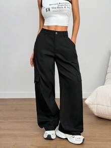 Women's Stylish And Chic Solid-Color Cargo Pants, Loose And Practical With Multiple Pockets, Sweet And Casual, Perfect For Street Style, Brunch, And Spring And Summer Outfits. - màu đen - Xem 11