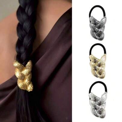 1pc Women's Fashionable Woven Metal Elastic Hair Band, Suitable For Braiding And Plaiting | Won't Slip Or Damage, Boho Style Accessory, Hair Tie, Fits Thick Hair, Metal Hair Cuff, Modern Braid Holder, Minimalist Gold Hair Clip, Hair Ornament, Wedding Hair Tie, Her Gift, Suitable For Women And Ladies, Even Long-Haired Men Can Look Elegant And Noble