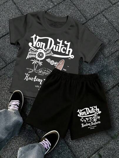 Conjunto de 2 piezas de estilo Y2K para verano con camiseta de manga corta de cuello redondo y pantalones cortos, adecuado para adolescentes y niños - Ruedas aladas - Combinación de camiseta estampada, adecuada para la escuela, fiestas, actividades al aire libre y ropa de viaje