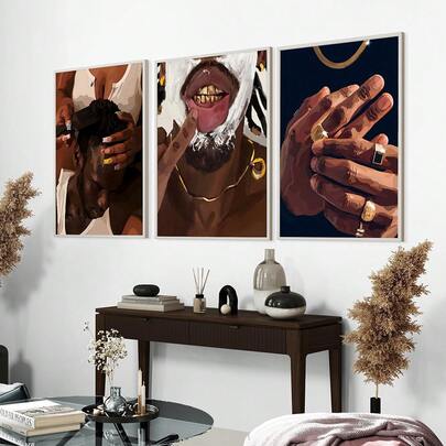 1/3pcs African American Wall Art Picture Minimalist Black Culture Prints Canvas Paintings Modern Black Poster Gold Teeth Hands Hair Comb Wall Decor For Living Room Bathroom Office Decor Gift For Her Unframed