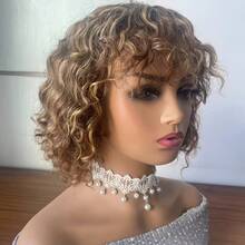 Women's Glueless Human Hair Wig Suitable For Hair - Highlight P4/27 Curly Bob With Bangs, 200% Density Machine-Made Rose Net Wig, Wear & Go Water Wave Bob Wigs For Daily, Party, Valentine's Day ( Volume) - P427 - 查看 3