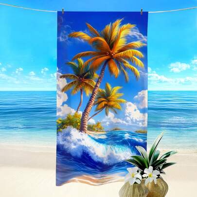 1pc Plant & Coconut Tree Printed Beach Towel, Super Absorbent Quick Dry Towel For Swimming, Soft & Lightweight Beach Blanket, Suitable For Beach, Swimming, Outdoor, Travel, Ideal Beach Essential
