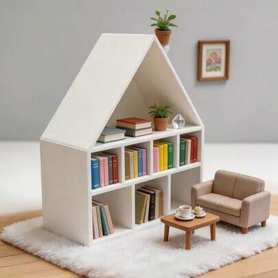 一套白色迷你书架（含60本迷你书），娃娃屋造型收纳架，DIY迷你书房，客厅，卧室装饰配件，模型屋用品
