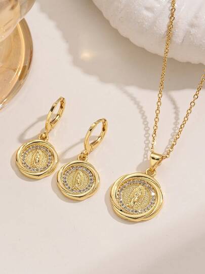 2pcs Gold Disc Pendant Necklace + Bohemian Virgin Mary Earrings Jewelry Set, Rhinestone Accents, Women's Daily Fashion Jewelry, Special Gift For Holidays, Anniversary, Loved Ones
