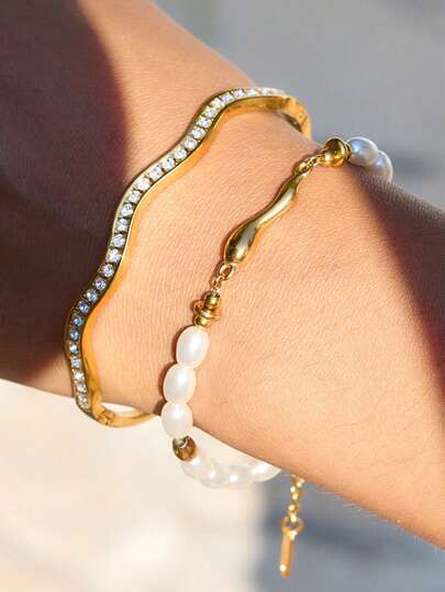 1/2 piezas Pulsera asimétrica de acero inoxidable chapada en oro de 18K con perlas para mujer, resistente al agua y a la decoloración, adecuada para uso diario de la mujer
