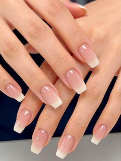 Upgrade Your Appearance 24 Pieces Medium Size Coffin, Simple Pink Shape White Gradient Jelly Pink Long Press Nails Sweet And Cute Shape Simple Cartoon Style Wear Nails Suitable For Women And Girls, Suitable For Dates, Parties And Daily Wear