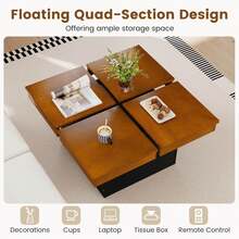 Square Coffee Table With Solid Wood Veneered Split Top Recessed Base For Apartment - 鐵鏽棕色和黑色 - 查看 7