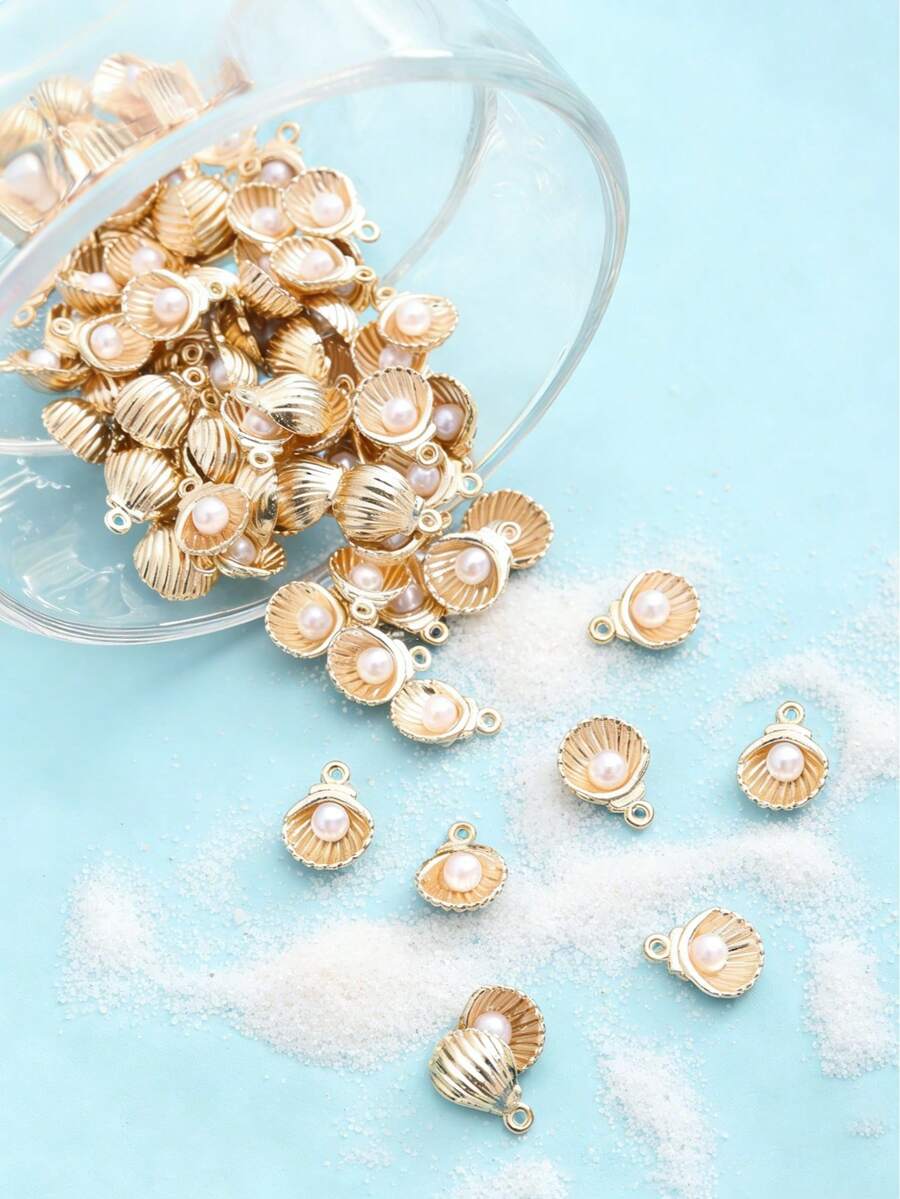 15 piezas Pulsera y collar de joyería DIY con colgante de perla y concha tridimensional exquisita con temática de playa y océano - Amarillo Oro - Ver 1