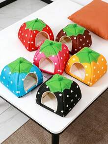 2 piezas Cama de hámster con patrón de fresa, escondite de conejo, nido cálido lavable para mascotas pequeñas con túnel para cobayas, set de accesorios de jaula de escondite para conejos, adecuado para hámsteres, hurones, conejos - Rojo - Ver 4