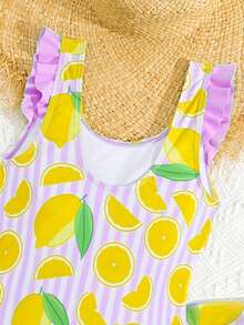 Tween Girls Knit Cute Lemon Digital Print Design Deep V-Neck Swimsuit Set, Suitable For Beach, Summer, Vacation, Seaside, Elegant Lady Fashion - Mauve Purple - View 5