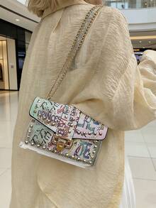 Letter Graffiti Colorblock Small Square Handbag, Chain Shoulder Bag, Lightweight & Versatile - White - View 6