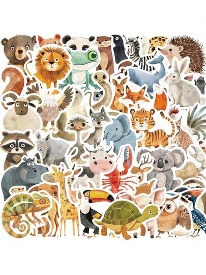 50pcs Colorful Cute Animal Stickers, Kawaii Zoo Vinyl Stickers, Craft Supplies, Animal Sticker Pack, Homemade Decor, Journal & Scrapbooking, Waterproof