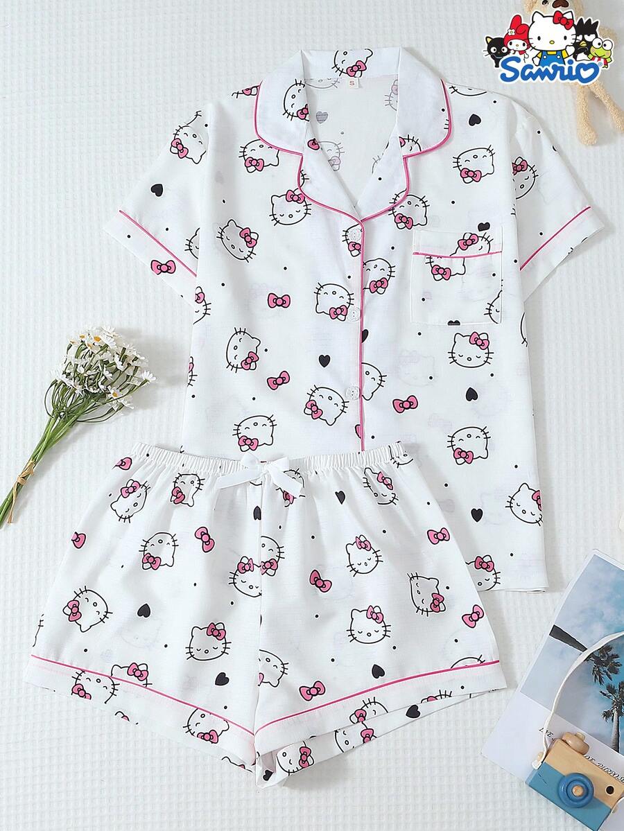 SANRIO 女士睡衣套装，心形印花短袖口袋上衣和蝴蝶结短裤，休闲家居服 - 白色 - 查看 1