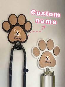 1pc Customizable Wooden Bone-Shaped Pet Leash Hook, Carvable, Suitable For Pet Collars And Leashes, Adjustable Angle Metal Hook, Size 16*16cm, Paw Print Pattern Design, Perfect For Dog Lovers And Pet Home Decor - Multicolor - View 4