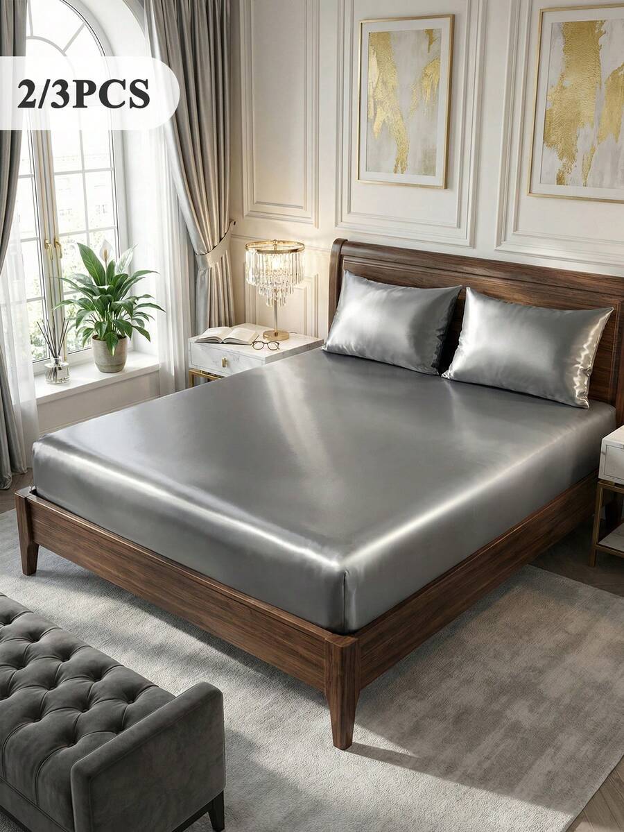 2/3pcs Fitted Sheet Set, Bedding Set, Satin Bed Sheets Set, Solid Color Skin-Friendly Bed Cover Set, Gary Bedding Set, Room Decor, Soft And Comfortable, Mattress Protector For Bedroom Decor, 1 Bed Sheet With 1/2 Pillowcases, Deep Pocket, For Single/Twin/Full/King/Queen Bed Sizes, Luxury Bedding, Machine Washable, Cool Touch For Sleeping, Perfect Valentine's Day Gift, Valentine's Day, Valentine's Gift - 灰色 - 查看 1