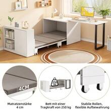 This 2-In-1 Desk And Fold-Down Bed Features A Metal Bed Frame And Legs, A 4 Cm Thick Mattress, Casters, A Single Cabinet With Two Storage Compartments, And Is White. - White - View 8