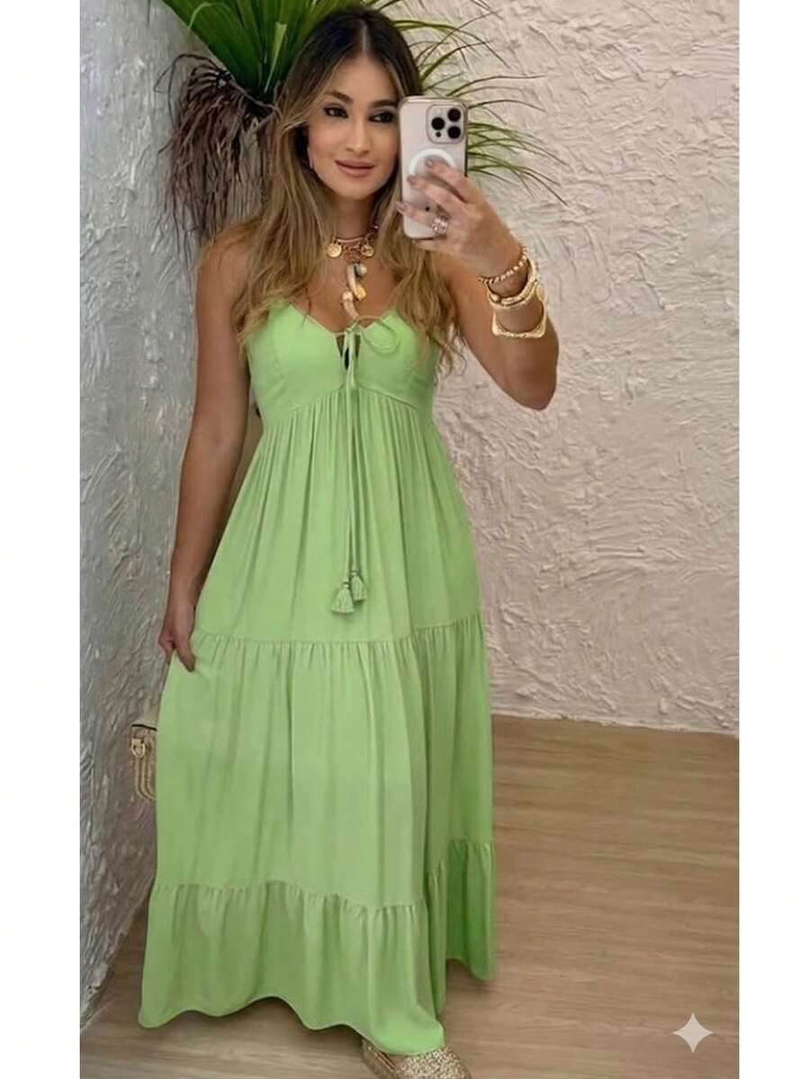 Women's Long Dress, Flowing Style, Thin Straps, V-Neck With Front Tie, Elastic Back - Fits Sizes 36 To 42. - 開心果綠 - 查看 1