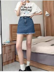 Váy mini denim cạp chun viền tua rua thường ngày cho nữ, mùa hè - Rửa trung bình - Xem 5
