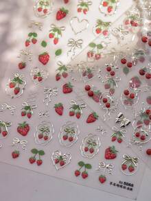 1片5D金属美甲贴纸，精致蝴蝶结草莓美甲贴纸，自粘式，适用于DIY美甲配件、美甲用品、美甲贴纸 - 彩色 - 查看 2