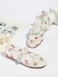 Children's Fashion Breathable Mesh Embroidered Pearl Shoes With Small Floral Pattern, Comfortable Non-Slip Soft Flat Shoes For Girls, Suitable For Indoor, Outdoor, Party, All Seasons - White - View 2