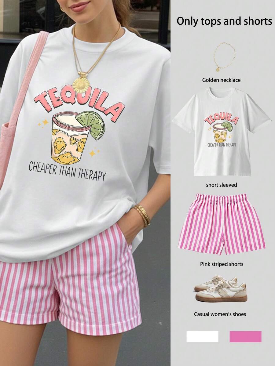 Bộ đồ nữ in họa tiết TEQUILA gồm áo tay ngắn dáng rộng và quần short kẻ sọc, bộ đồ hai mảnh cho nữ, bộ đồ mùa hè cho nữ, trang phục đi nghỉ mát, trang phục du lịch, phong cách bãi biển, trang phục nghỉ mát tối giản màu trắng. - trắng - Xem 1
