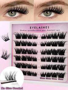 48 pièces de bouquets de cils adhésifs en forme de C, extensions de cils style œil de chat, faux cils individuels doux et moelleux réutilisables, sans colle nécessaire, application facile - Noir - Voir 9