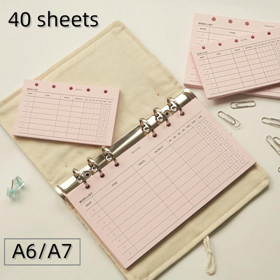 40 hojas de recambio A6/A7 de lista de deseos rosa, perforadas con 6 agujeros, papel premium de 120g, para planificador y diario de anillas de 6 agujeros