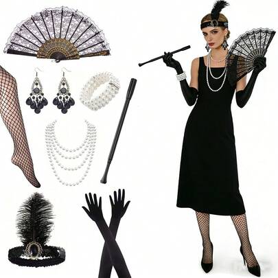 Bộ phụ kiện cô gái thập niên 1920, bao gồm phụ kiện trang phục khiêu vũ Charleston, mũ đội đầu, vòng cổ ngọc trai, vòng tay, hoa tai, găng tay dài màu đen và quạt ren cổ điển, thích hợp cho phụ nữ và bé gái tham dự các bữa tiệc theo chủ đề thập niên 1920 và các sự kiện Halloween.