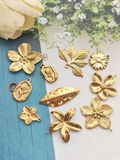 1件套时尚百搭18K镀金不锈钢花朵、叶子、花卉小吊坠套装，椭圆形郁金香情侣情人节项链手链吊坠DIY珠宝配件