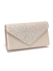 Rhinestone Women's Evening Bag, Small Envelope Design Handbag, Satin Shoulder Chain Bag, Shiny Purple Cocktail Party Clutch - Apricot - View 4