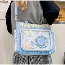 Ita Crossbody Tote Bag, Pin Display With Insert Large Messenger Bag, Cute Tote Bag With Zipper Ruffle, Japanese Aesthetic Y2k - Blue - View 4