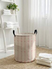 1pc Bow Pattern Printed Large Capacity Foldable Round Storage Basket With Handle, Multi-Purpose Storage Basket For Nursery, Baby Diaper, Clothes, Toys And Other Accessories - Multicolor - View 4
