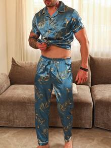 男士条纹休闲睡衣套装，短袖上衣配长裤，豹纹图案，春/秋/夏家居服两件套 - 綠色 - 查看 2