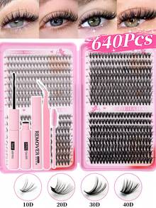 Bộ 640 sợi mi giả dạng chùm, mi nối dày, cong kiểu D-Curl, độ dài hỗn hợp 8-16mm, bộ dụng cụ tự nối mi, hướng dẫn tự nối mi dưới, mi giả mềm mại, tạo hiệu ứng trang điểm mắt bướm tự nhiên, keo dán mi tự làm dễ dàng, nhíp dán mi tự làm. - màu đen - Xem 10