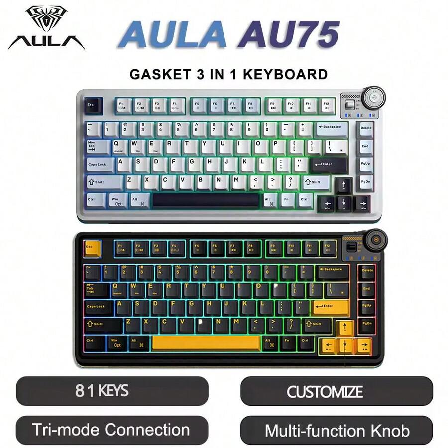 AULA Teclado mecánico para juegos inalámbrico AU75, 3 modos: Bluetooth 5.0/2.4G/USB-C, interruptores personalizables intercambiables, retroiluminación RGB, teclas PBT, perilla multimedia, apto para Windows y Mac, para jugadores