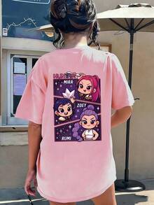 K-POP风格少女休闲时尚创意简约图案T恤，适合儿童夏季上衣和青少年衬衫。 - 粉色 - 查看 6