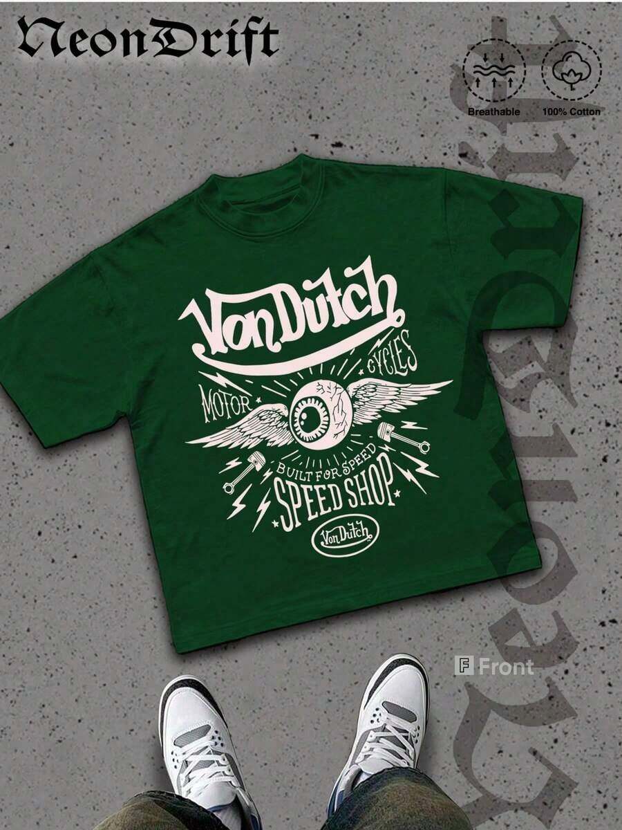 NeonDrift Street Cotton T-Shirt 100% Cotton Fabric Unisex Style-Van Dutch Motor Cycles Speed Shop Graphic T Shirt Vintage Style Print Classic Americana Design For Car Enthusiasts And Biker Culture Fans Casual Wear Streetwear Fashion Men's Apparel100%Cotton - màu xanh lá - Xem 1