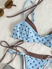 Women's Retro Polka Dot & Pork Chop Print Sexy Bikini Set, Light Blue & Brown Polka Dot Asymmetric A-Line Sleeveless Short Bikini, Suitable For Winter, Outings, Birthday, Casual, Millennium, Western Style, Nightclub, Beach Vacation Summer - 淺藍色 - 查看 6