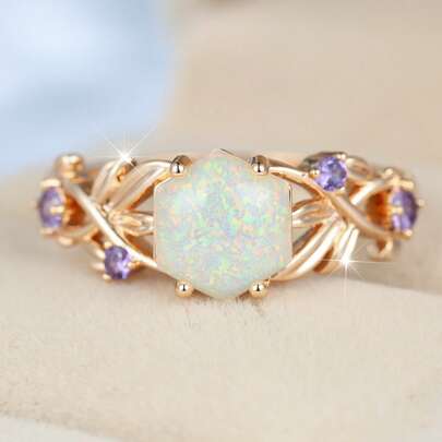 1 chiếc nhẫn opal tổng hợp hình lục giác thanh lịch, thiết kế lá và hoa, nhẫn cưới, nhẫn đính ước.